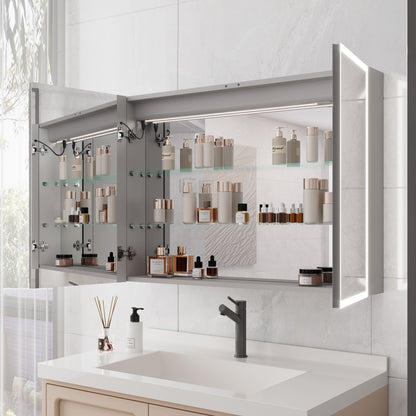 Bathroom Medicine Cabinet With Lights, LED Medicine Cabinet With Mirror, Double Door Lighted Medicine Cabinet & Defogger, Dimmer, Clock & Temp Display, 2 Outlets & USB Ports - Silver