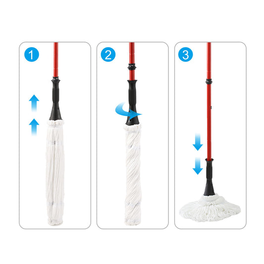 Ultra Fine Fiber Twist Mop With 57.5 Inch Long Handle For Dry And Wet Floor Cleaning - Red