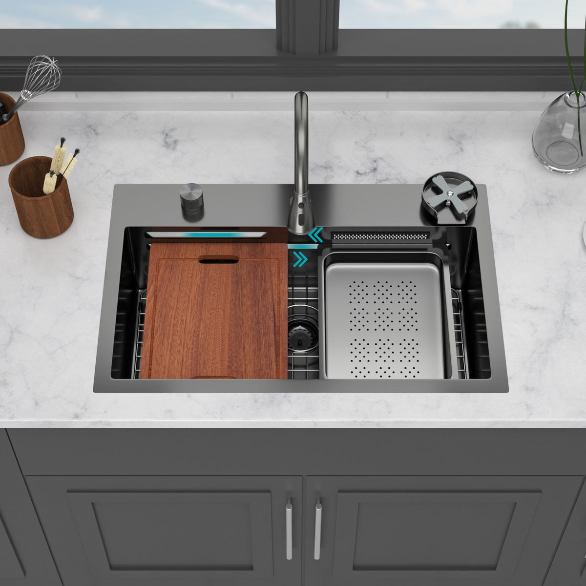Drop In Waterfall Kitchen Sink With Pull Out Faucet & Cup Washer