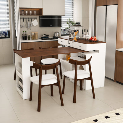 Kitchen Island Set With 4 Chairs, Extendable & Rotating Table, 4 Drawers & Glass Door Cabinets - Walnut