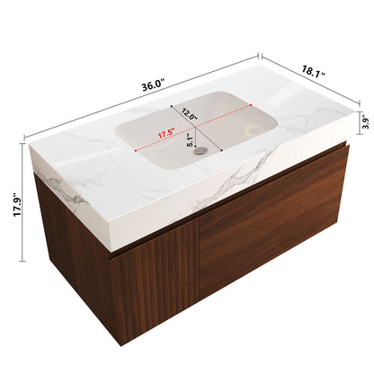 Floating Bathroom Vanity & Basin 1 Soft Close Drawer + 1 Cabinet, Wall Mounted - Walnut / White