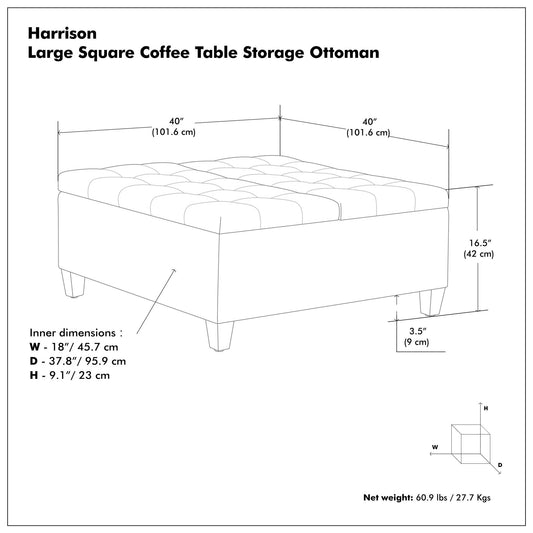 Harrison - Multifunctional Large Square Coffee Table Storage Ottoman - Gray