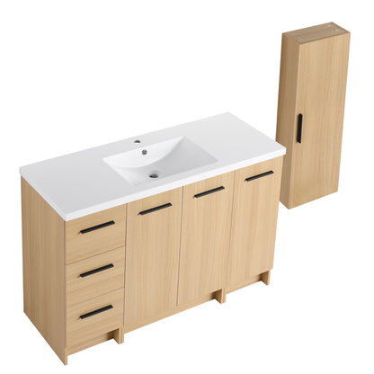 Freestanding Bathroom Vanity Set With Tall Side Cabinet, 3 Drawers And 3 Door Cabinet, Integrated Sink, Large Storage - Glossy White / Light Oak