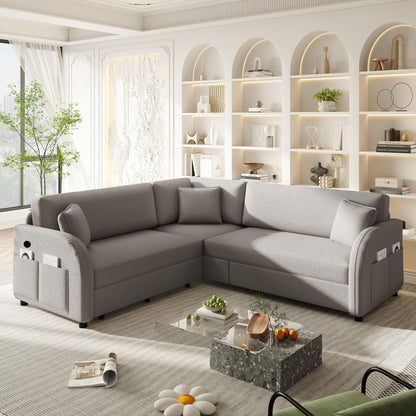 L-Shaped Couch With Pull-Out Bed, Oversize Convertible Sleeper Sofa With Side Pocket & USB Port