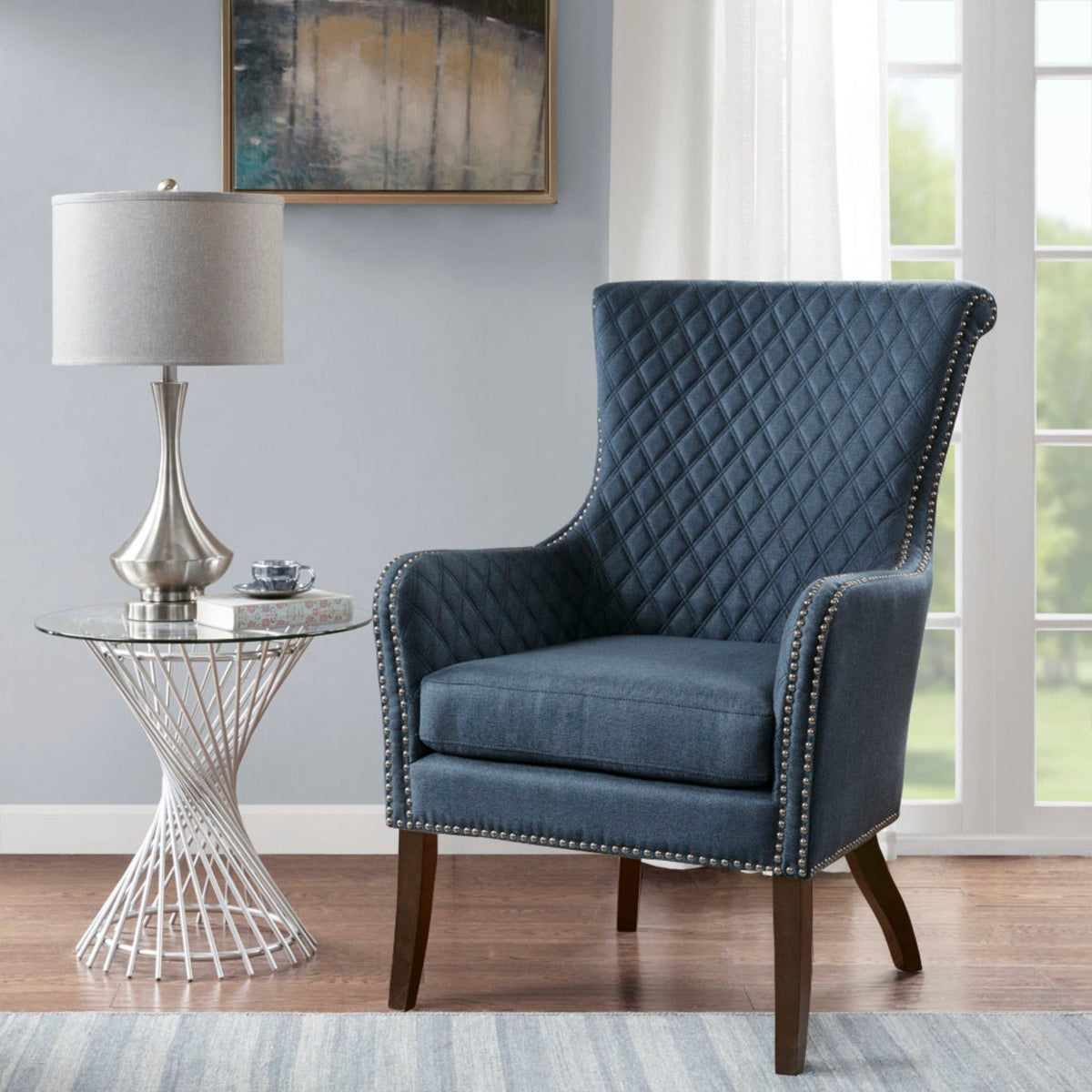 Accent Chair With Quilted Back And Silver Studs - Dark Blue