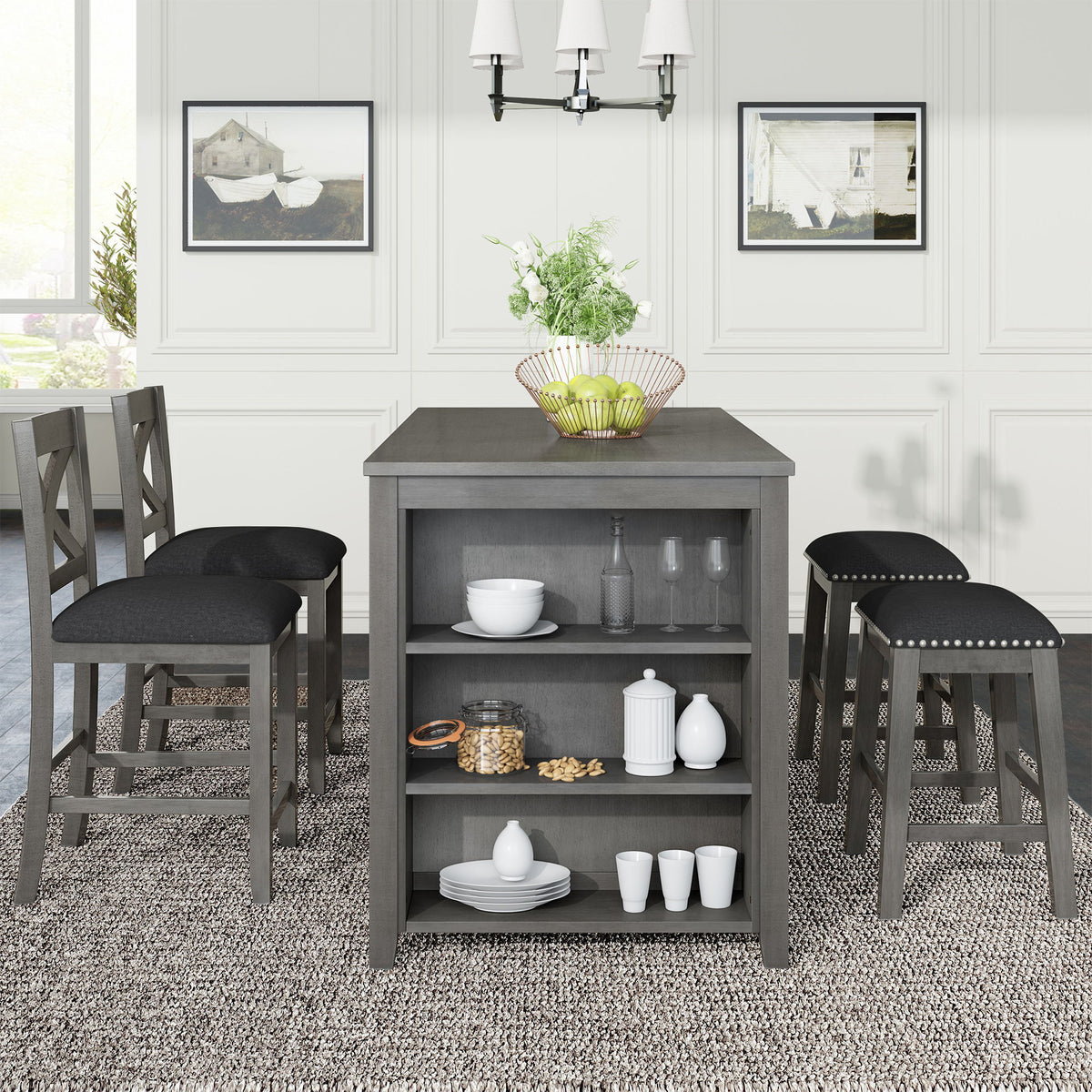 5 Pieces Counter Height Rustic Farmhouse Dining Room Wooden Bar Table Set With 2 Stools And 2 Chairs
