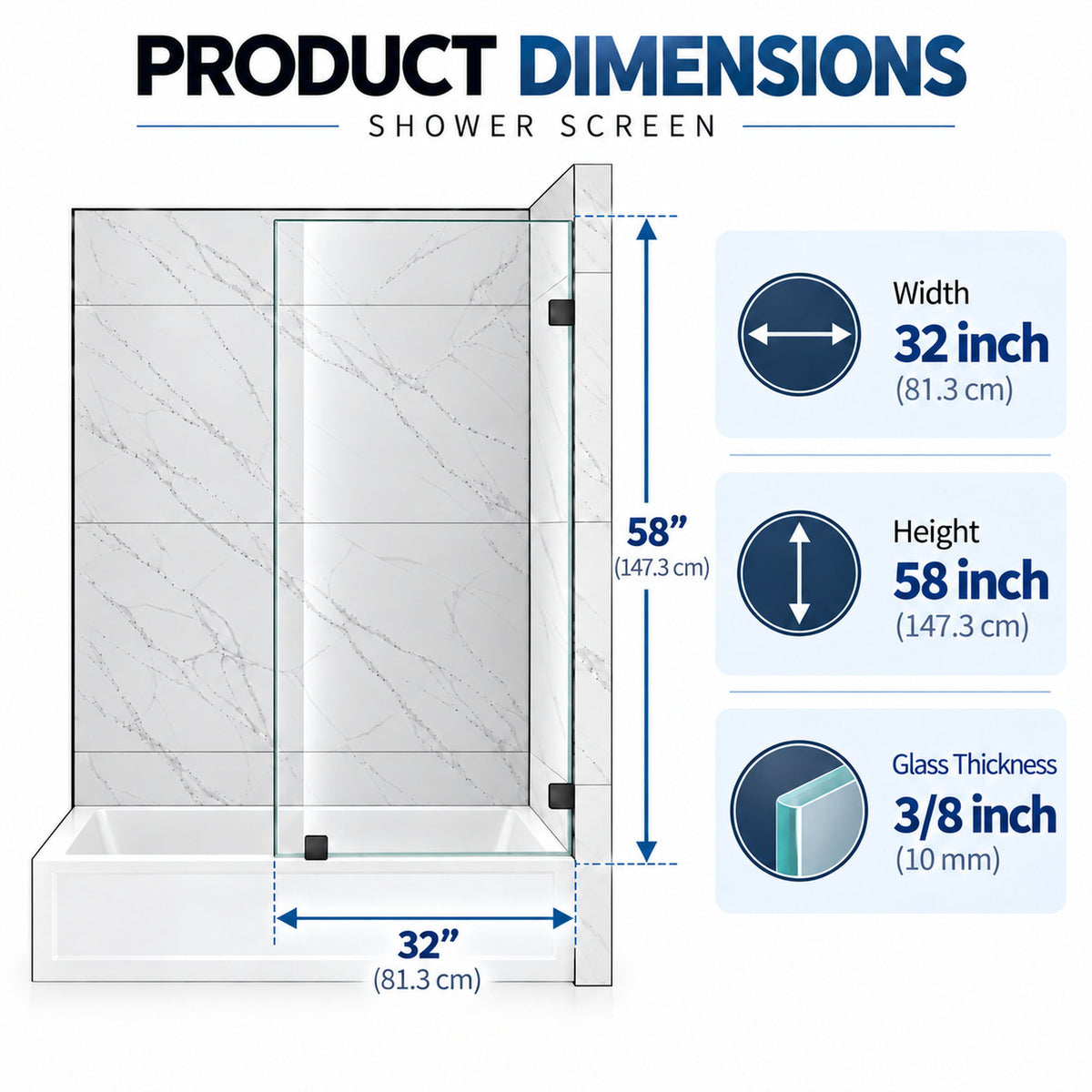 Frameless Bathtub Shower Screen, Reversible Installation