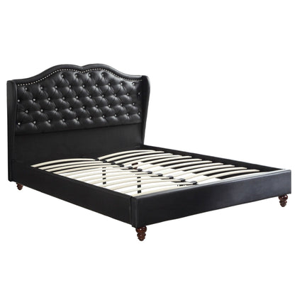 Eastern King Size Bed Set With Curved Wingback Headboard, Button Tufted Upholstered, Frame With Slats - Black