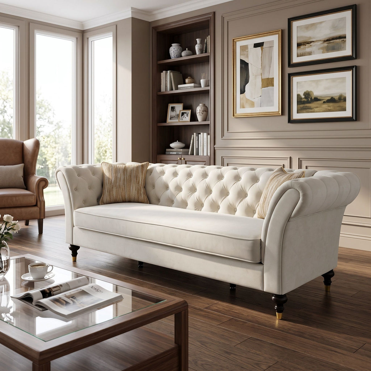 Chesterfield Sofa, 3 Seat Couch With Deep Button Tufted Back, Rolled Arms