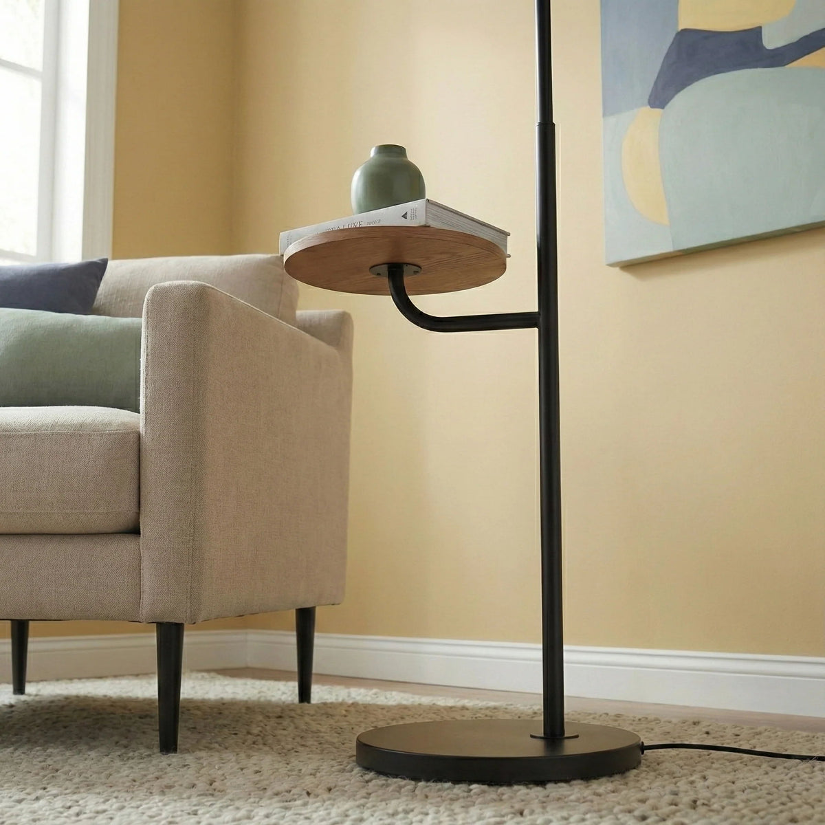 Seoul - Floor Lamp With Rotary Switch Wood Table Base - Black / White