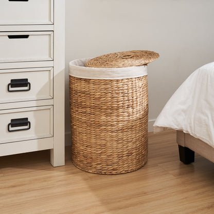 Round Tall Water Hyacinth Woven Wicker Laundry Hamper With Lid - For Clothes, Toys And Book Storage With Removable Liner - 15" X 15" X 20" - Natural Brown