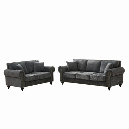 3 And 2 Seater Sofa With Rolled Arms, Tufted Upholstered Couch - Gray