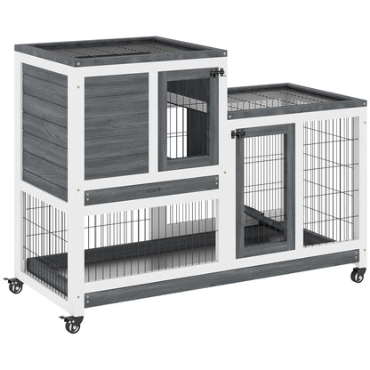 Pawhut - Wooden Rabbit Hutch Elevated Bunny Cage Indoor Small Animal Habitat With Enclosed Run With Wheels, Ramp, Removable Tray Ideal For Guinea Pigs - Gray / White