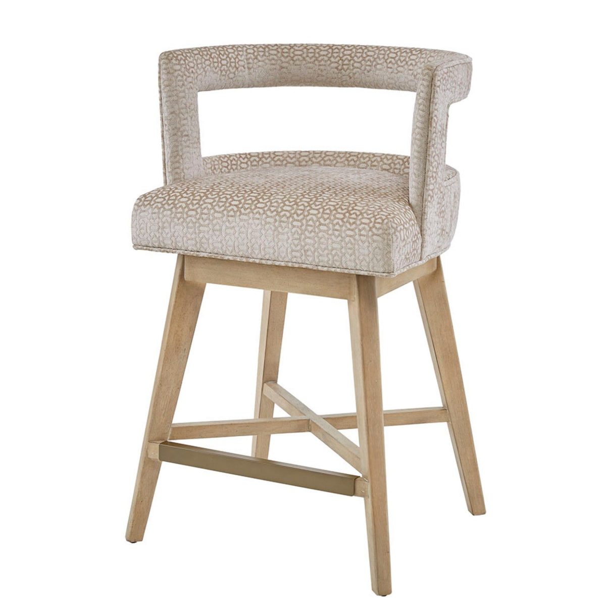 Design Swivel Counter Stool With Low Back Support Polyester And Solid Wood - Cream