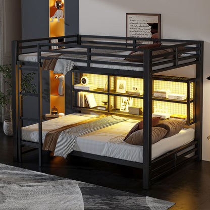 Queen Over Queen Bunk Bed With Storage Cabinets And LED Sturdy Frame, 6 Storage Units, Adjustable LED Lights - Black