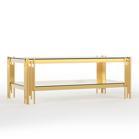 Coffee Table With Double Tier, Rectangular Design - Gold