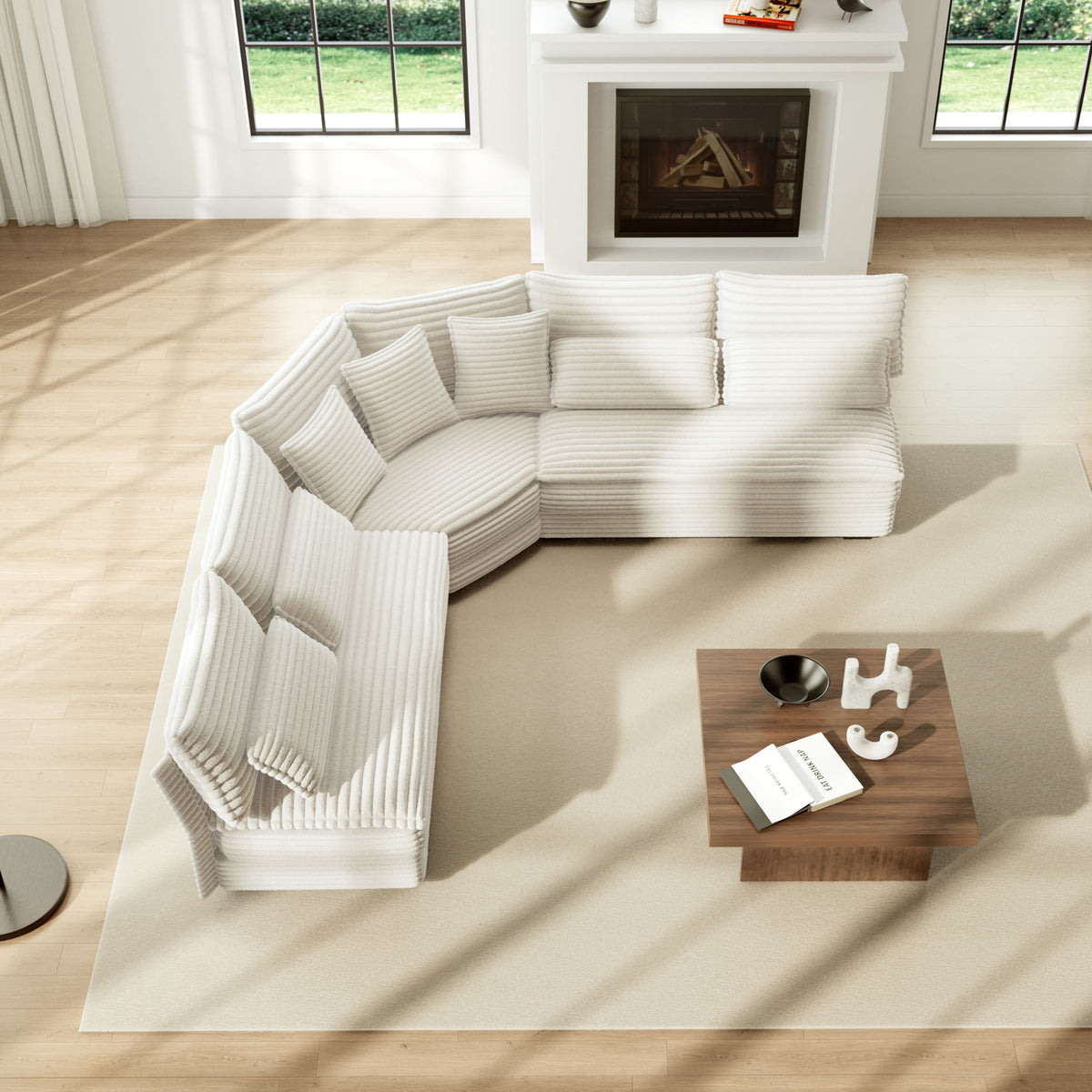 5 Seater L Shaped Sectional Sofa With Curved Corner, 7 Pillows