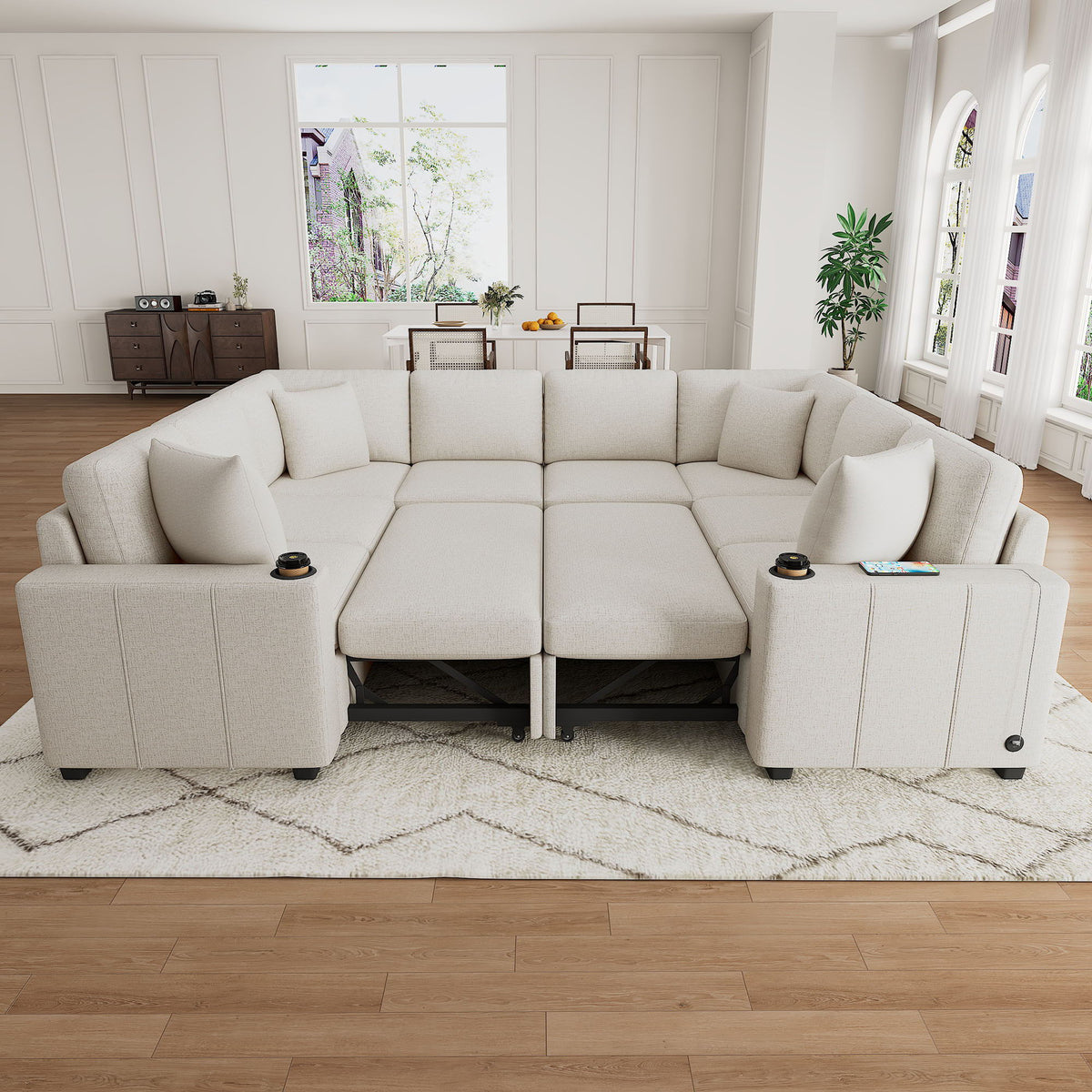 Modern U-Shaped Sectional Sofa Convertible Pull-Out Sofa Bed With USB Ports And Cup Holders