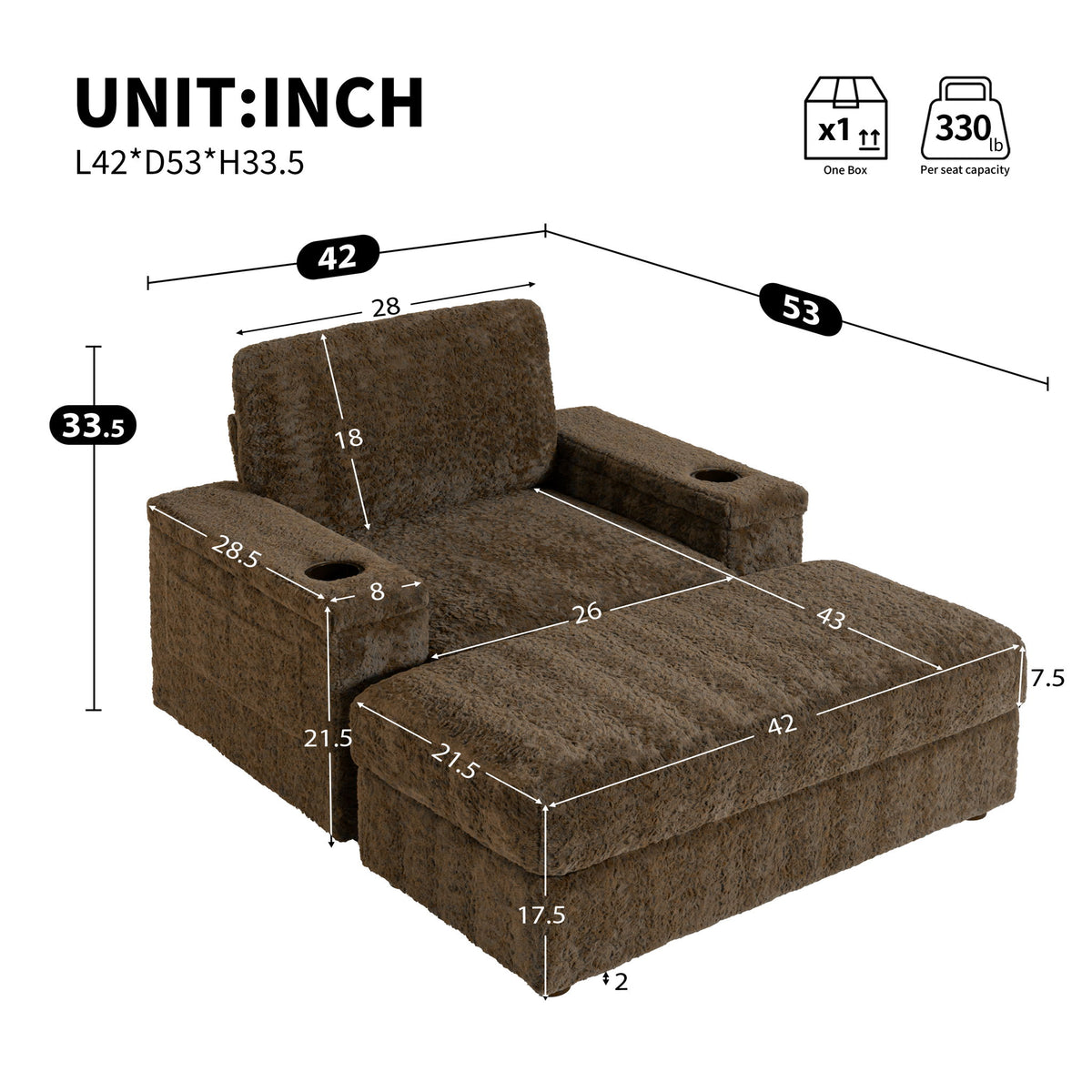Oversized Chaise Lounge Indoor Rabbit Fur Sofa Bed With Storage Ottoman And Armrests Cup Holders With Deep Seat