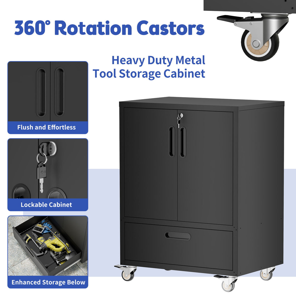 Mobile Tool Cart With Lockable Casters, Heavy-Duty Storage Organizer - Black
