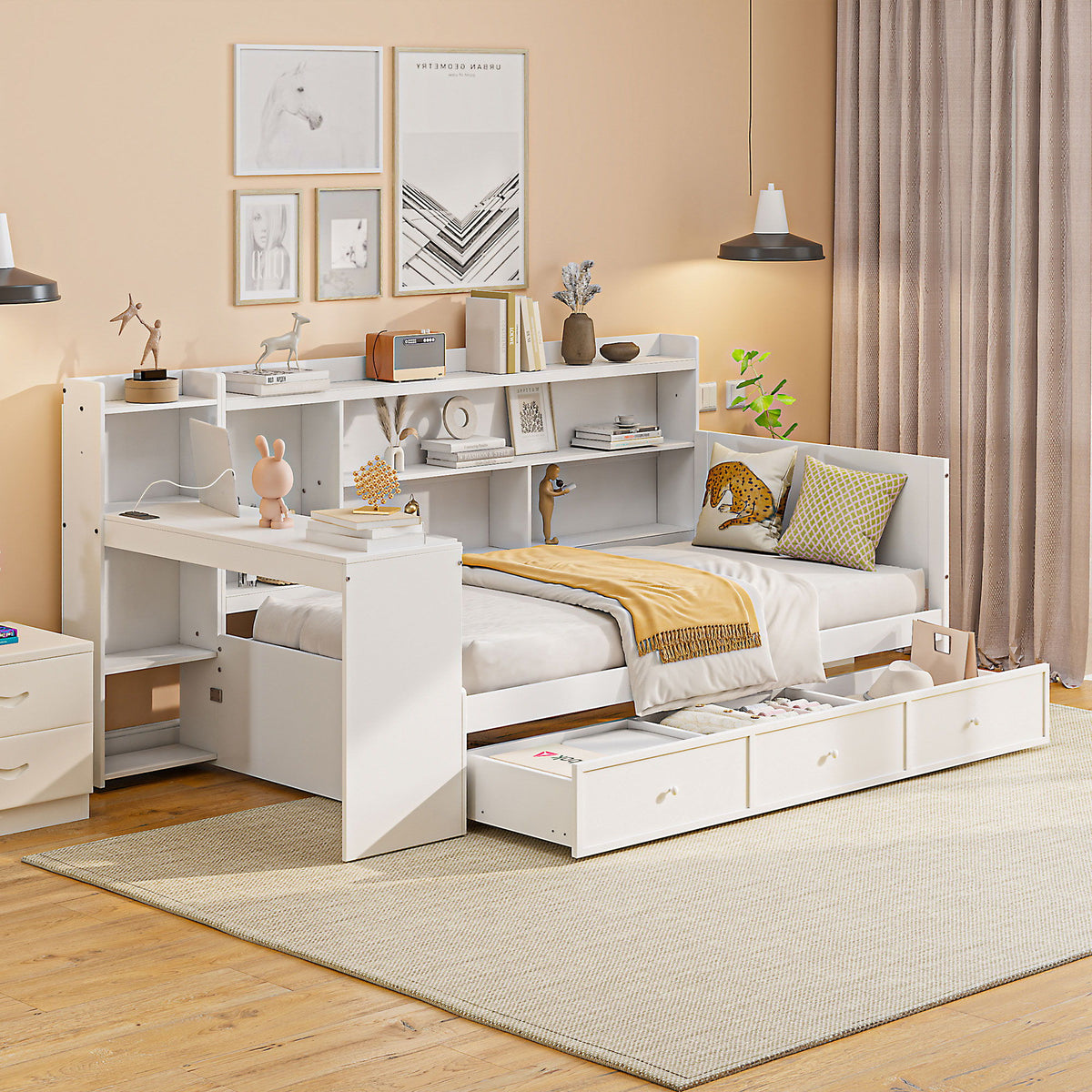 Daybed With 3 Drawers USB Ports And Desk