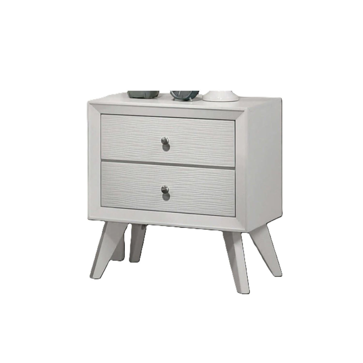 Nightstand With Angled Legs, Round Knobs, Wave Texture, 2 Drawer Bedside Table - White