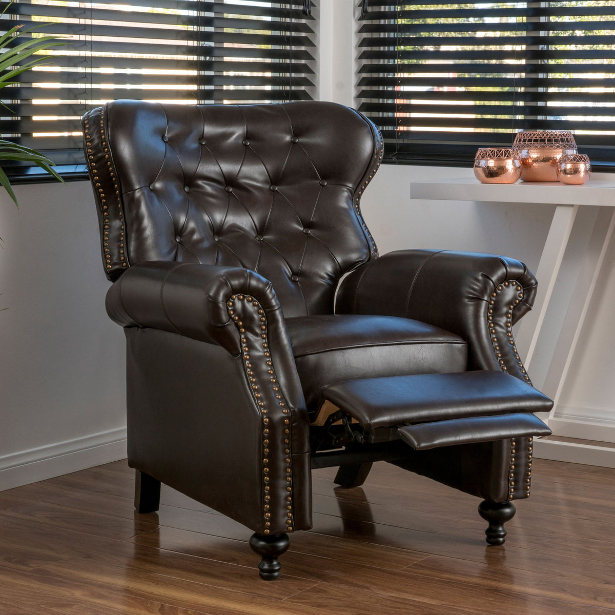 Contemporary Style Push Back Recliner With Button Tufted Stitching And Nailhead Trim