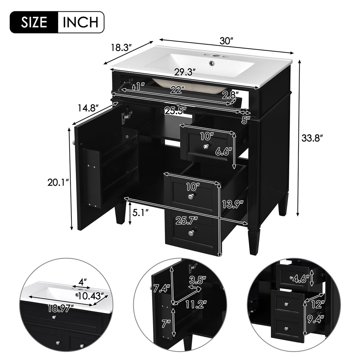 Bathroom Vanity With Top Sink, 2 Drawers & Tip Out Drawer