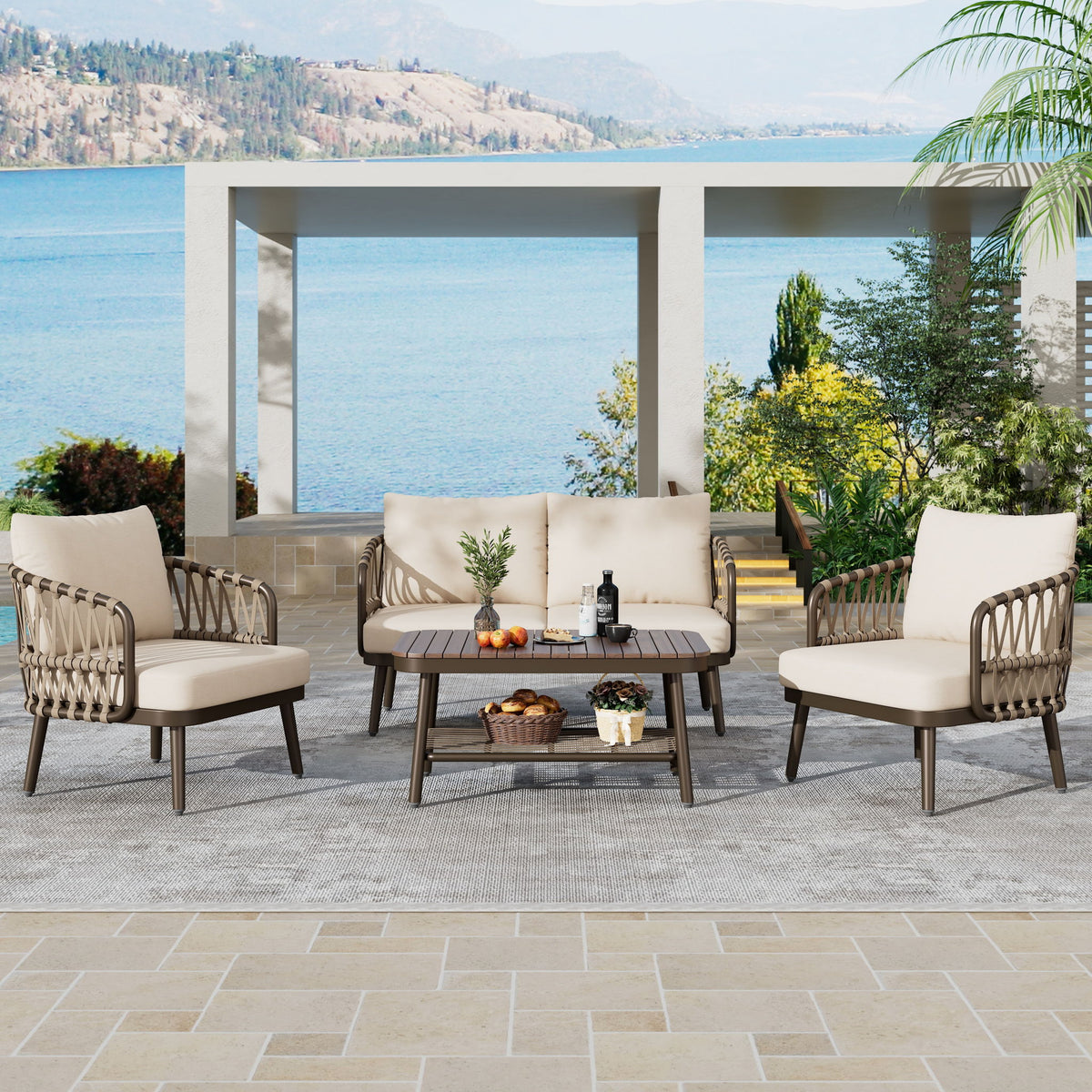 4 Piece Outdoor Patio Furniture Set, Metal Chairs With Woven Rope U Shaped Backrest