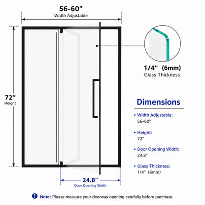 Semi-Frameless Pivot Hinged Shower Door, Reversible Design