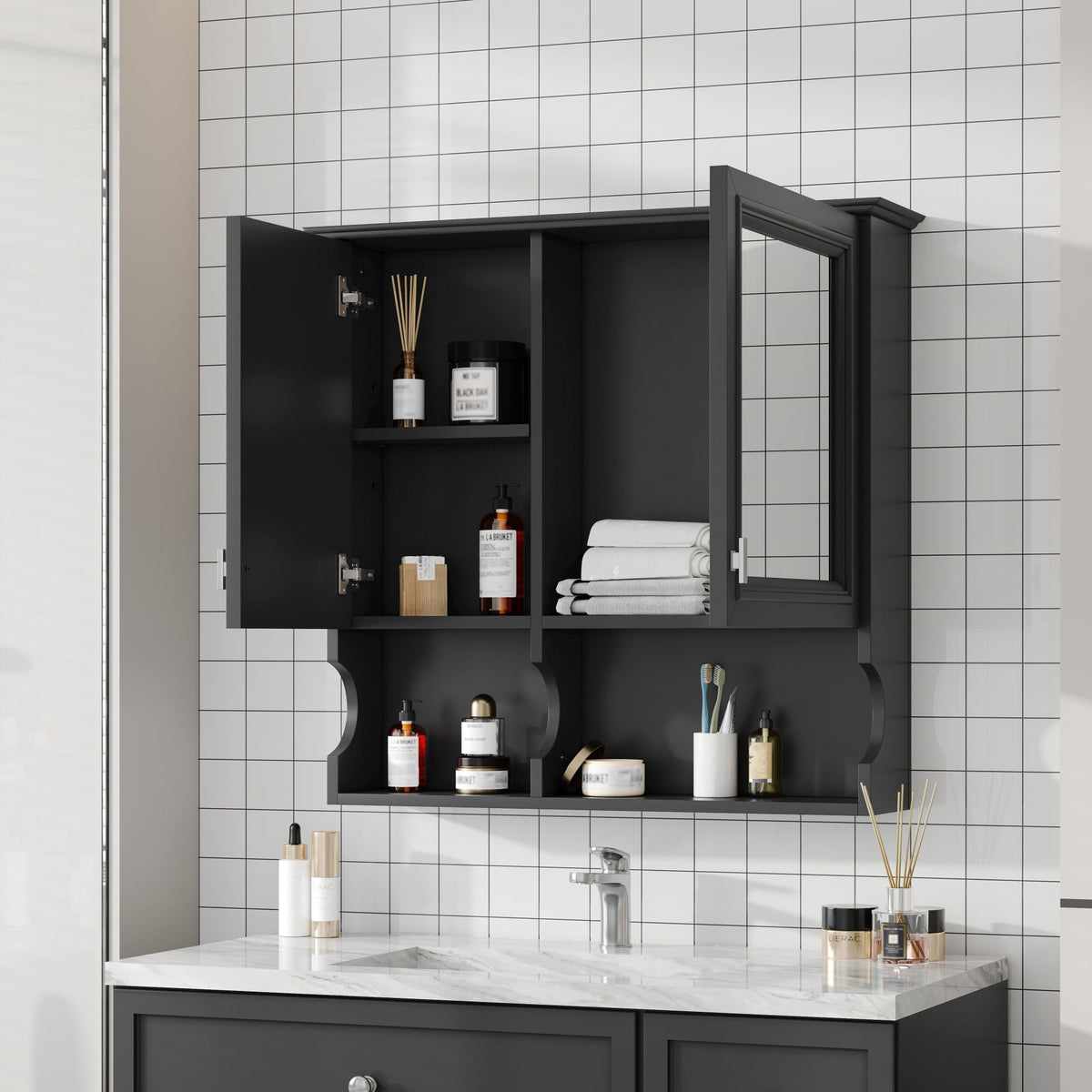 Wall Mounted Mirror Medicine Cabinet, Bathroom Storage With Doors And Open Shelves