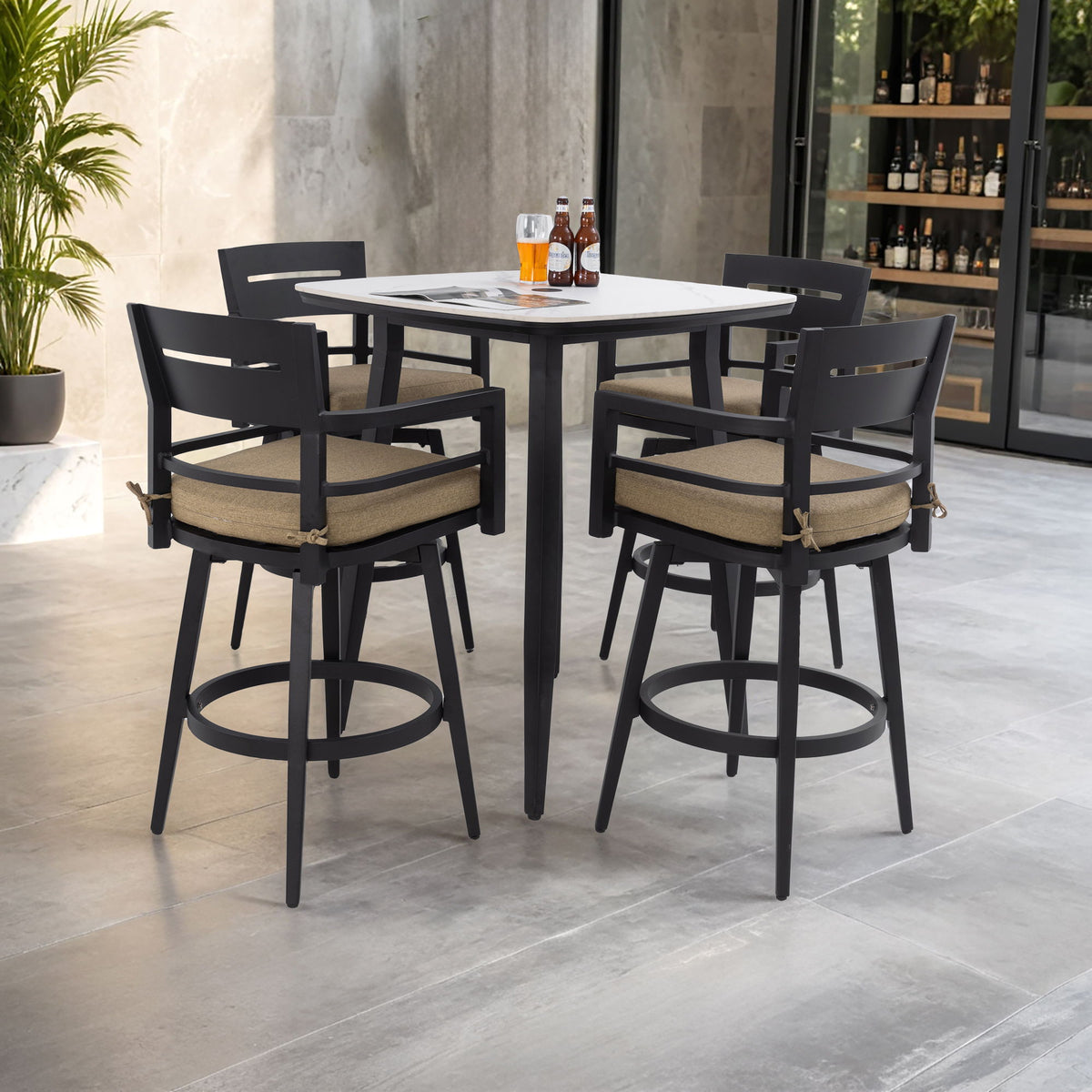 5 Pieces Outdoor Patio Bar Set, Rounded Square Sintered Stone Table & 4 Swivel Bar Chairs