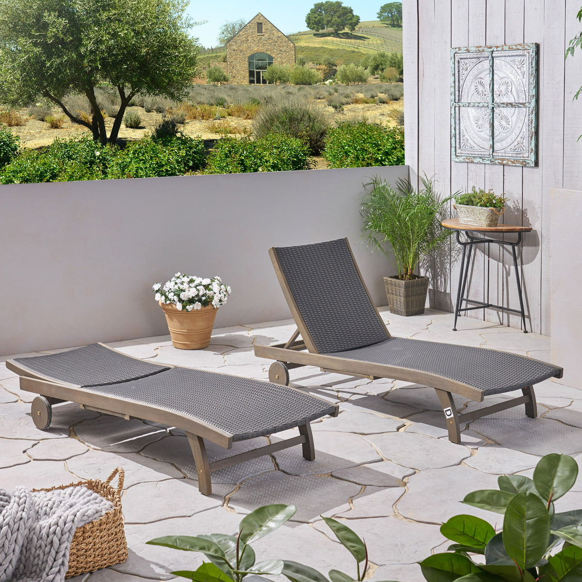 Outdoor Chaise Lounge With Pull Out Tray And Wicker Seat - Gray