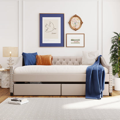 Upholstered Daybed With Two Drawers, Wood Slat Support
