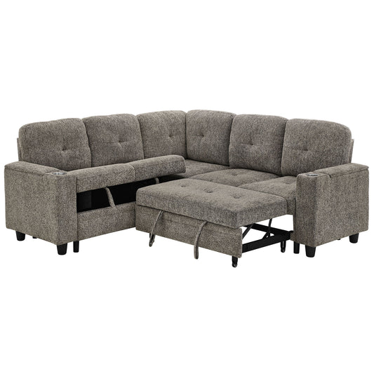5 Seat Reversible L - Shaped Sleeper Sofa, Pull Out Convertible Sectional Couch With Storage, USB C - Charger, Cup Holders Modular Sofa Bed - Gray