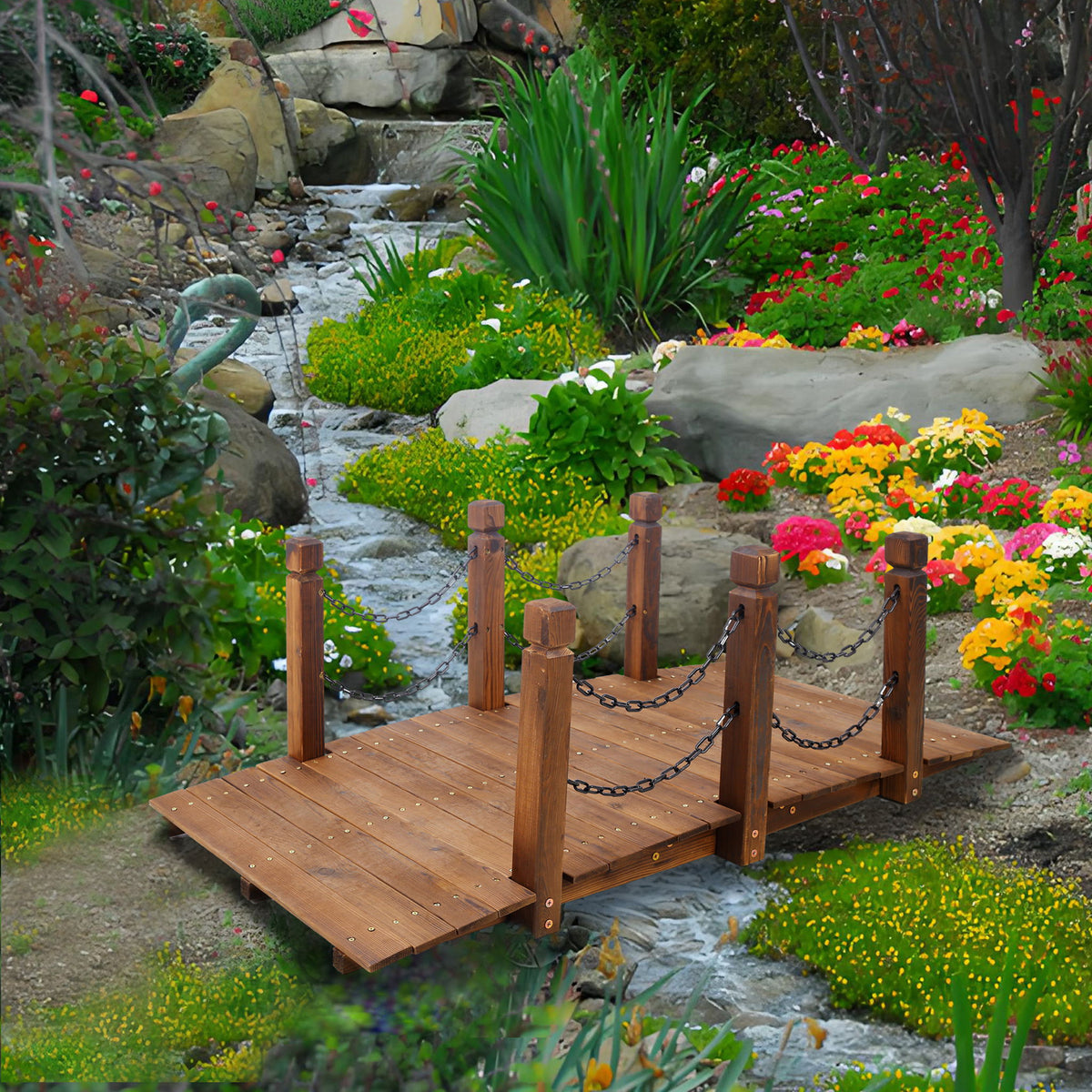 Wooden Arc Footbridge With Chain Railings For Backyard Creek Stained 5 Ft - Brown