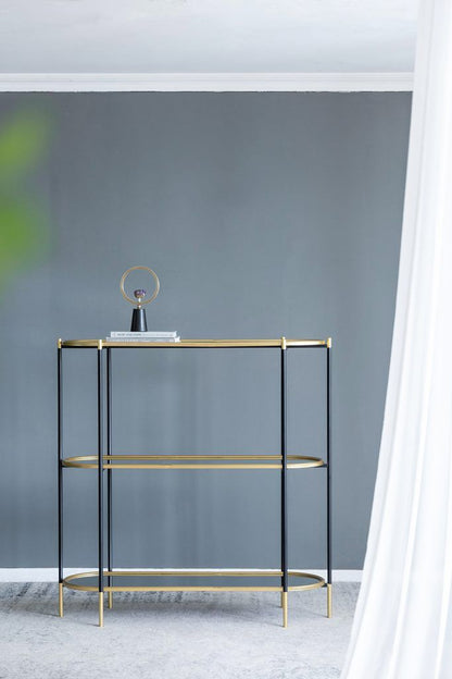 3 Tier Metal Console Table, Mirrored Shelf - Golden Black