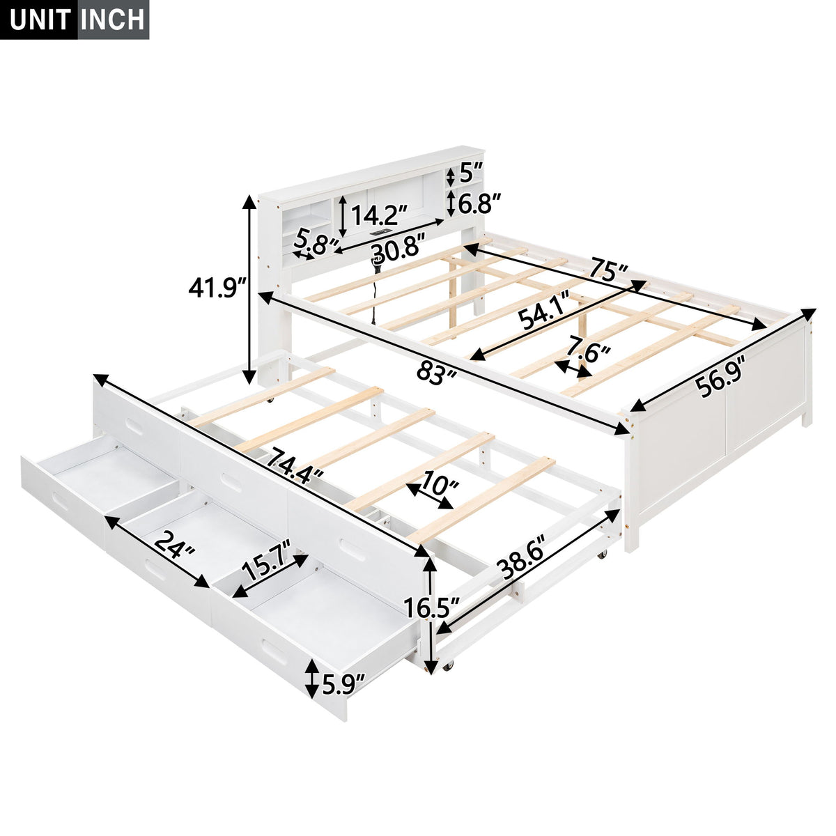 Platform Bed With Storage Headboard, USB, Trundle And 3 Drawers