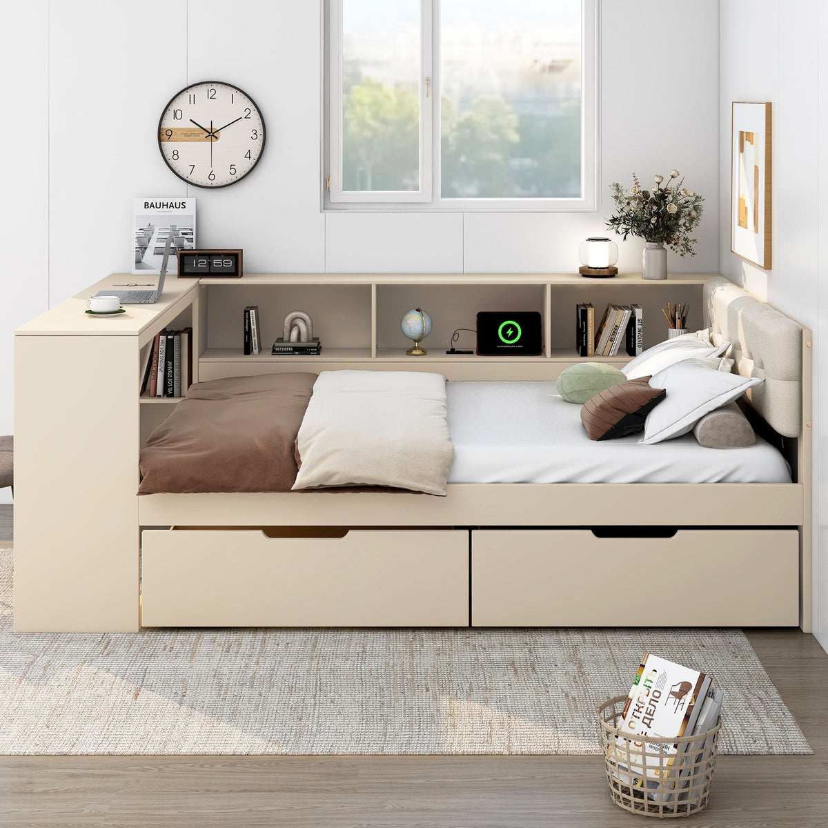 Upholstered Headboard Platform Bed With Storage Shelves, Drawers, Charging Station