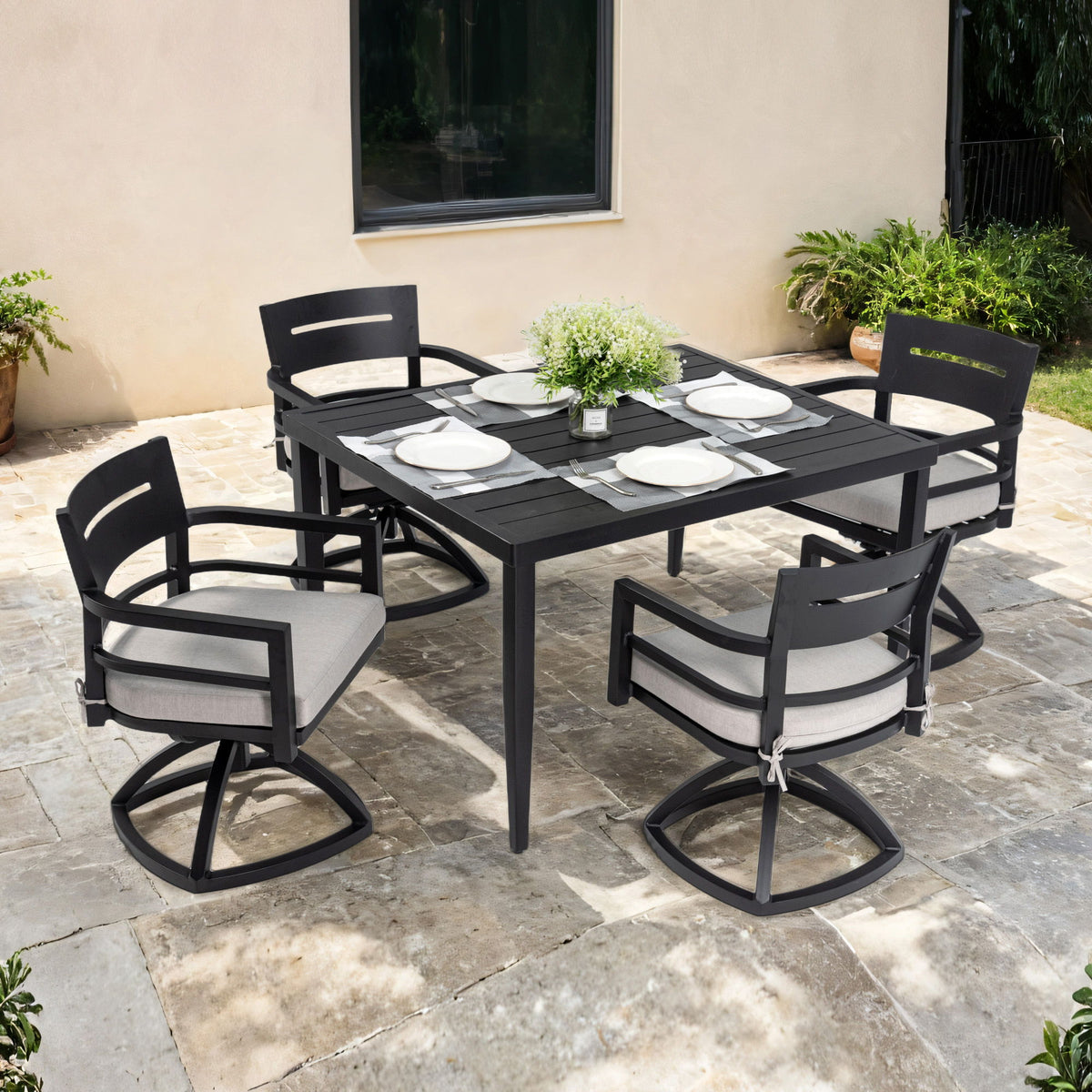 Outdoor Modern Dining Set, Chairs Sunbrella Cushioned And Dining Table With Umbrella Hole
