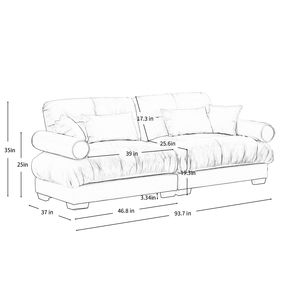 Modern Sofa With Bolstered Armrests And Pillows