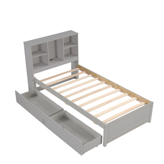 Twin Size Bed Frame With Built In USB Port And 2 Drawers - Gray