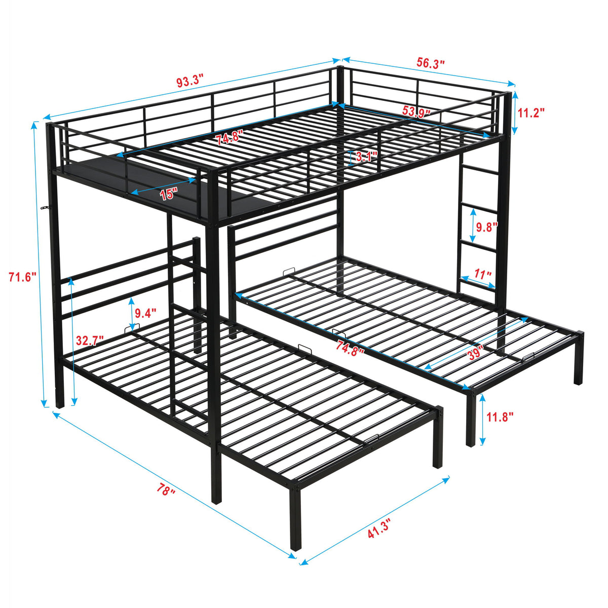 Modern Metal Triple Bunk Bed With Vertical Ladder, Safety Rail, And Storage Shelf - Black