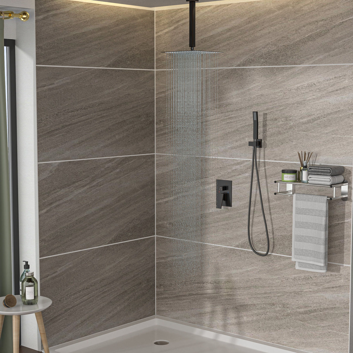 Dual Shower Head System With Ceiling Mount And Rough In Valve