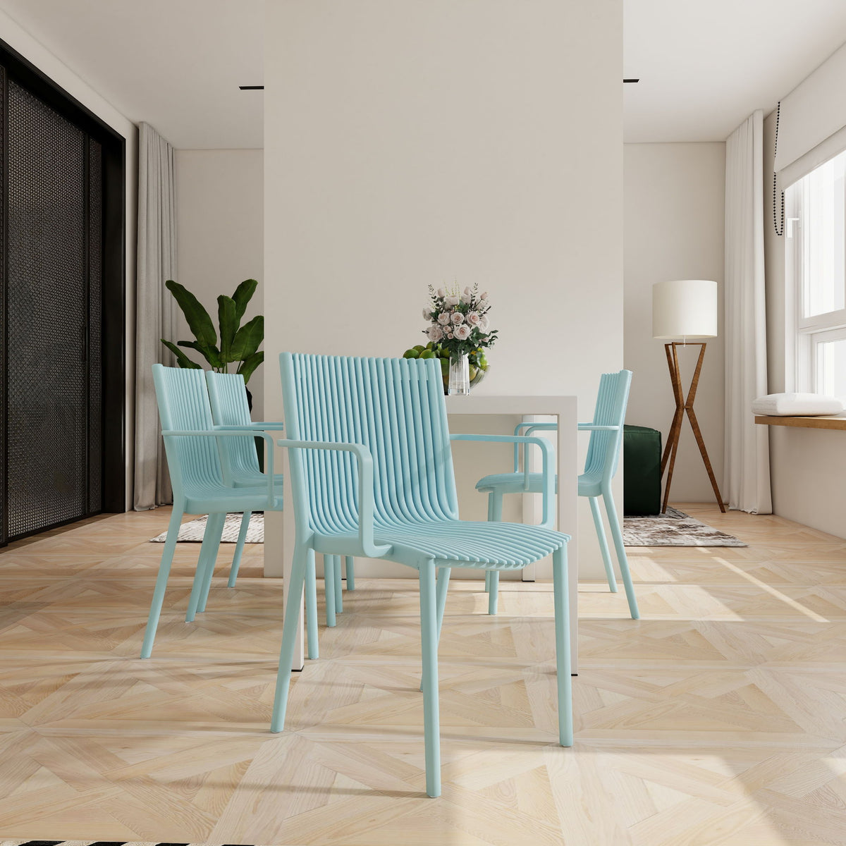 4 Piece Stackable Single Chairs With Vertical Stripe Design For All Weather