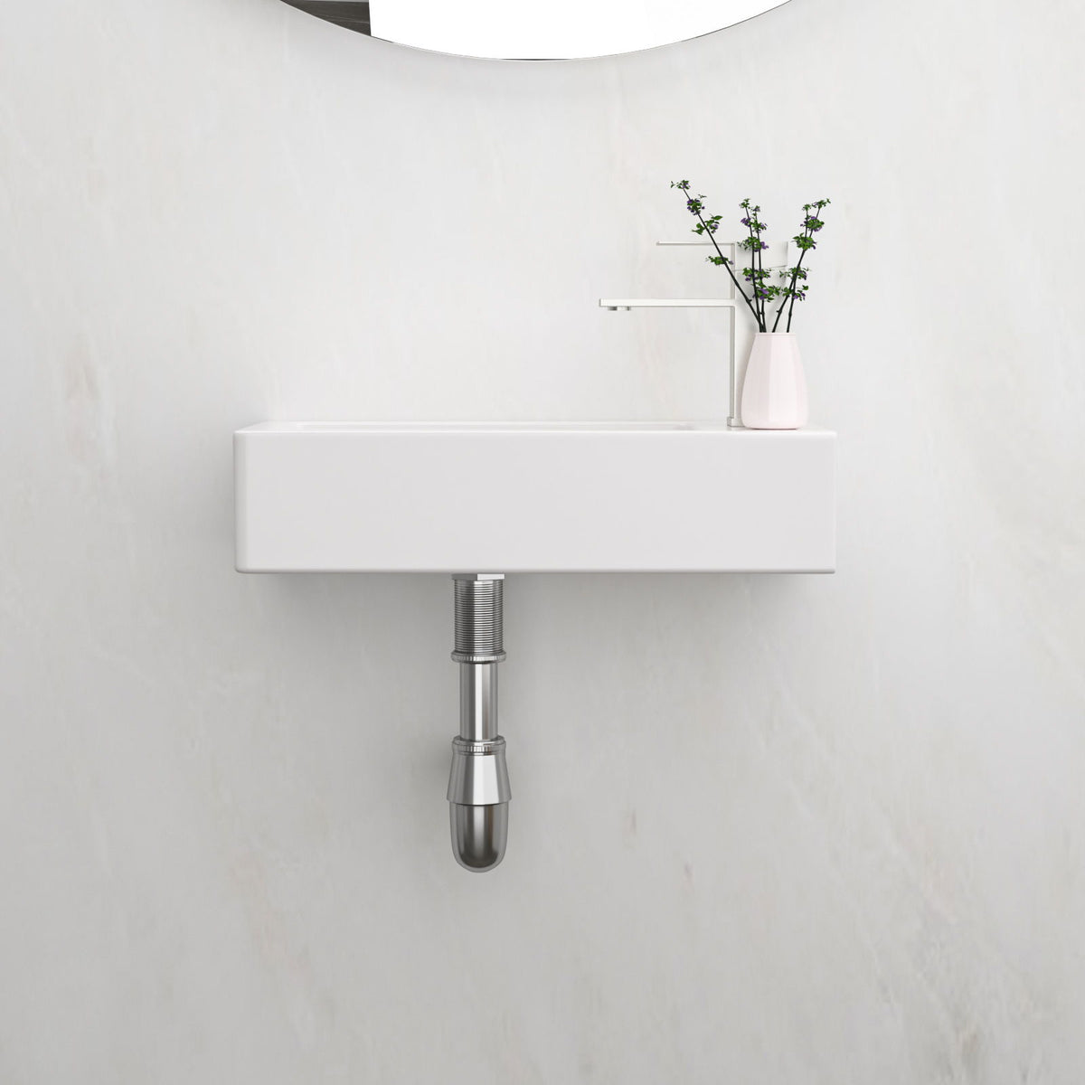 Modern Ceramic Rectangle Wall Mount Bathroom Sink With Single Faucet Hole - White