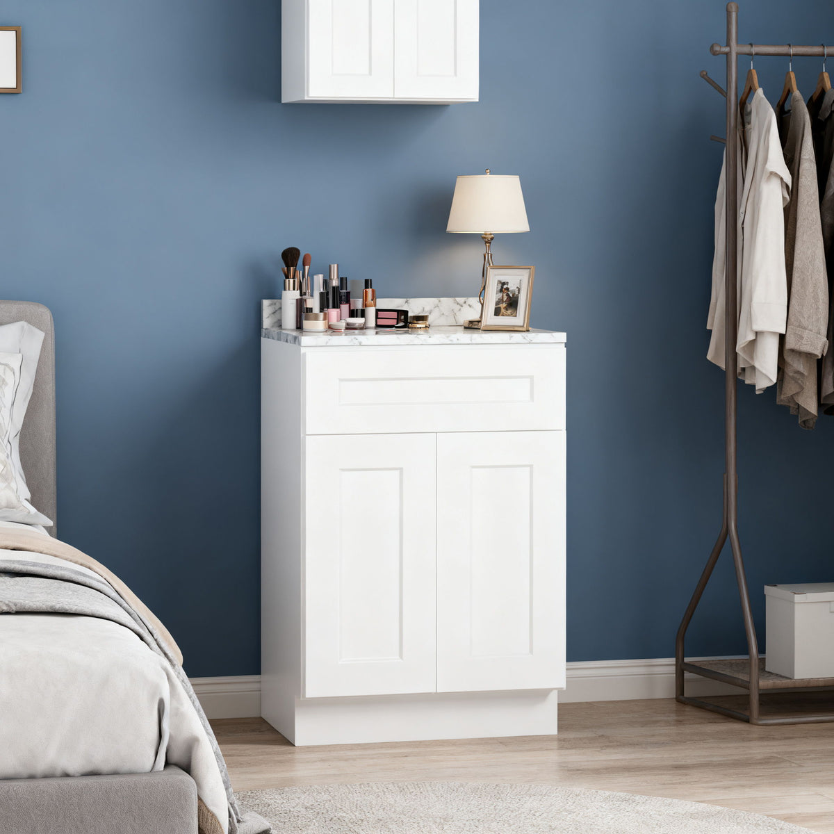 24" Shaker Base Cabinet With Soft Close Drawer & Double Doors, Adjustable Shelf For Bath - White