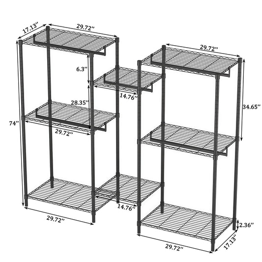 Heavy Duty Garment Rack With 8 Adjustable Wire Shelves And 5 Clothes Rails, Freestanding Closet Organizer Metal - Black