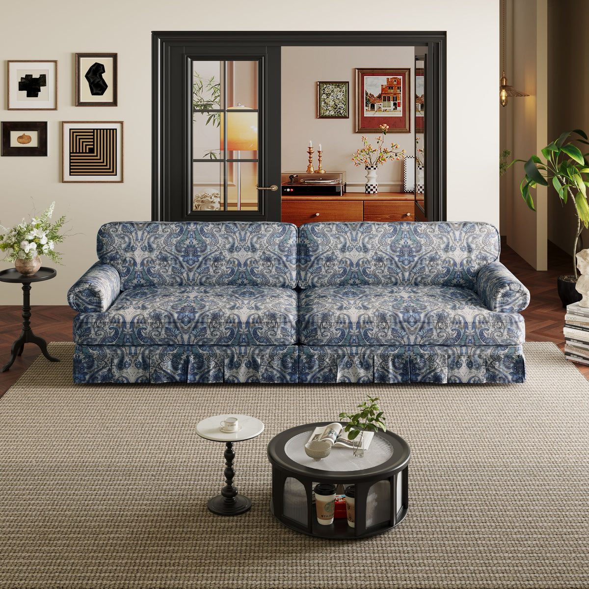 Luxuriously Comfortable Cloud Couch Sofa With Elegant Rolled Arms & Pleated Skirt Design
