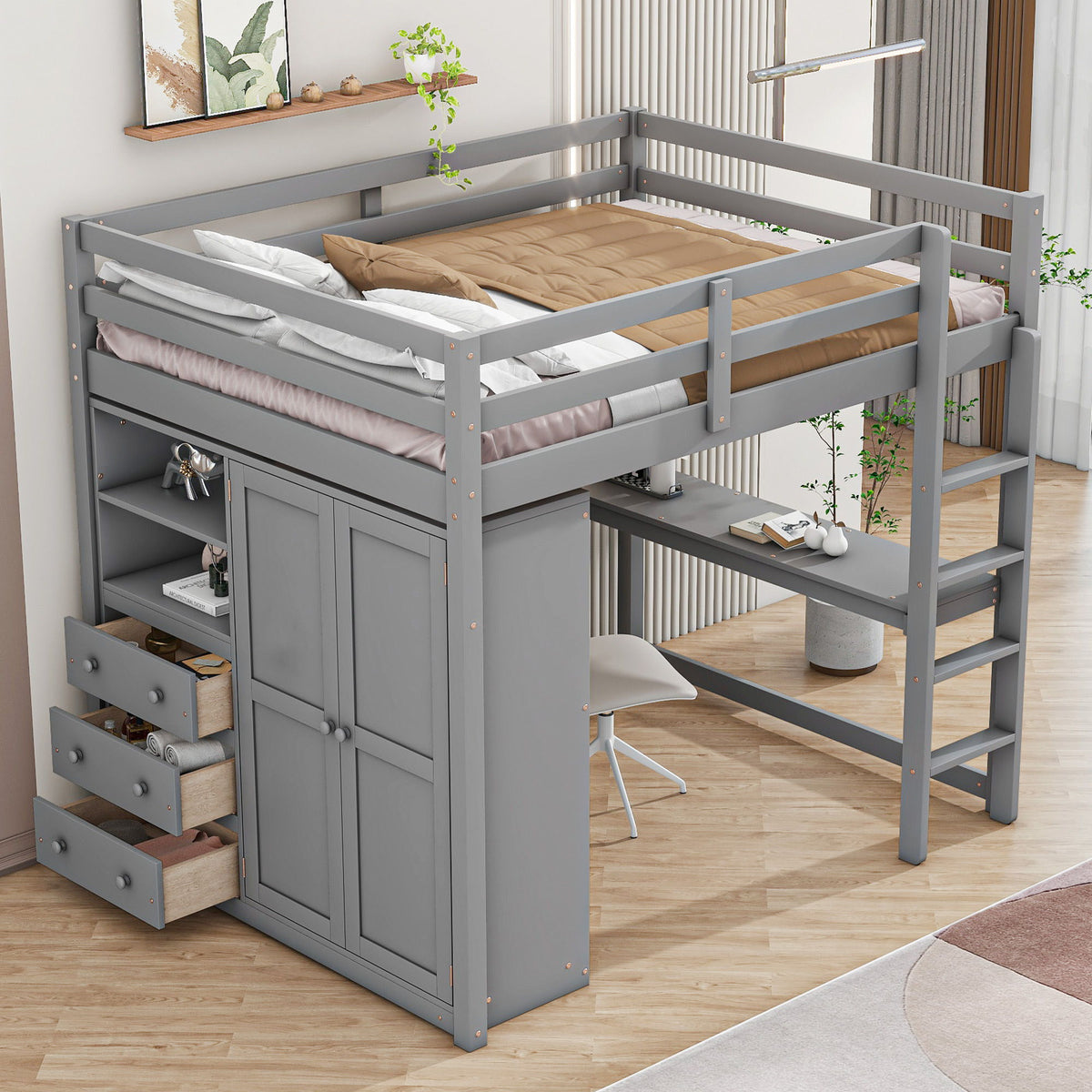 Loft Bed With Built In Wardrobe, Shelves And Drawers